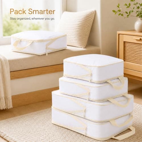 Travel Compression Packing Cubes – 6 Set Recycled Ripstop Nylon Suitcase Organiser, Space Saving Expandable Luggage Cubes with Shoes Bag, Zippers, Tear Resistant (off-white, 6) — view 6