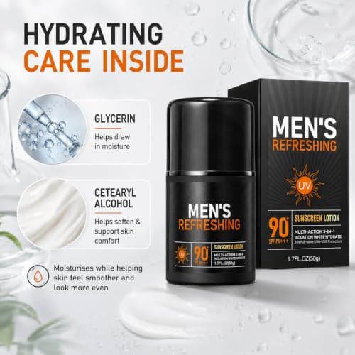 Sunscreen for Men, SPF 90+ Face Sun Cream, Mens SPF Moisturiser, UVA UVB Protection, Water Resistant Sunscreen - Non Greasy Lightweight Sun Lotion for Gym, Commute, Outdoor Sport & Holiday, 50g — view 3