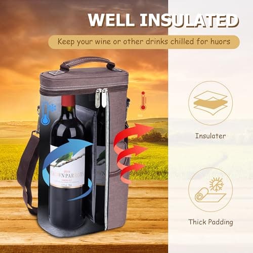 Kato Tirrinia Insulated Wine Cooler Bag Leakproof Padded Portable Wine Carrier with Shoulder Strap 2 Bottle Wine Bag for Camping Travel Beach Picnic Wine Lovers Gift Brown — view 4