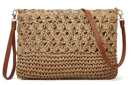 straw beach bags for women, rattan handbag, summer straw woven handbag, raffia handbag, square shoulder bag, khaki, Small to Medium — view 4