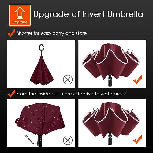 Bodyguard Inverted Umbrella Large Windproof Umbrellas for Rain Sun Travel Umbrella Compact with Reflective Stripe, Burgundy-46 IN — view 5