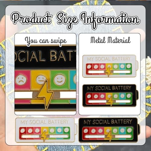 Tastetreasure 2 Pcs My Social Battery Pin Badge, Funny Sliding Mood Tracker Enamel Pins, Creative Introvert Gifts for Women Men, Interactive Lapel Pin for Backpacks, Clothing, Hats, Black & White — view 3