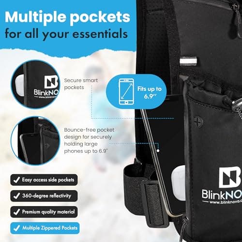 BlinkNova Running Vest with Phone Holder, Reflective Hydration Vest with Adjustable Waistband and Collapsible Water Bottle, Adjustable Unisex Hiking Accessories (Front Zipper - XS/S) — view 3
