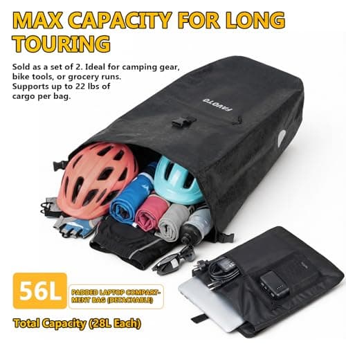 Favoto Large Bike Panniers Waterproof - 56L Heavy Duty Bicycle Rear Rack Bags for Touring Camping, 500D PVC Cycle Cargo Bag with Quick Release System Laptop Sleeve, Fits E-Bike Carrier - 2PCS Black — view 5