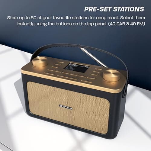 DAB/DAB+ & FM Portable Digital Radio | Leather Design | Bluetooth | Battery & Mains Powered (4x”C”) | Dual Alarms & Sleep Timer | Perfect for Home, Office or Outdoors | AZATOM Classic (Black/Gold) — view 5