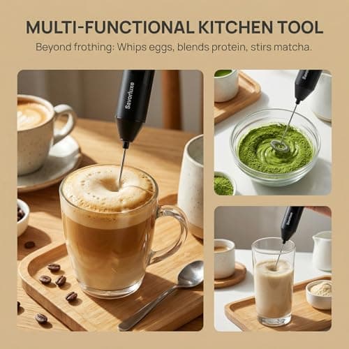 Savorluxe Electric Milk Frother - Stainless Steel Egg Beater - Portable Battery-Powered Handheld Milk Frother, Suitable for Lattes, Cappuccinos, Matcha & More - with Dust Cover, Matte Black & Silver — view 2