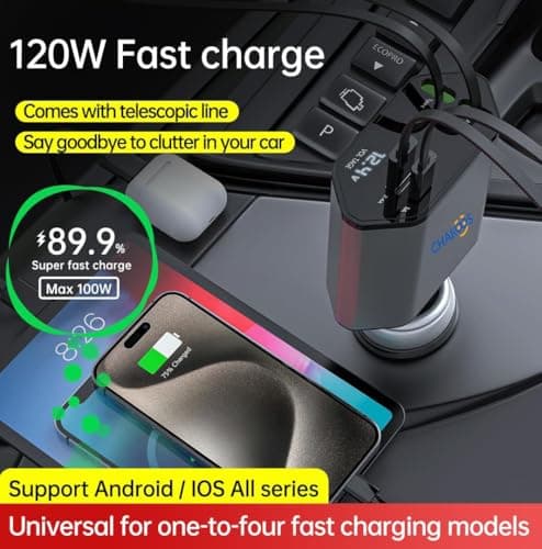Chakoos Retractable Car Charger 120W, 4 in 1 Fast Car Phone Charger with Dual Retractable Cables (Lightning & USB-C), 12V/24V Multi Port Car Adapter with Voltage Display for iPhone, Android — view 5