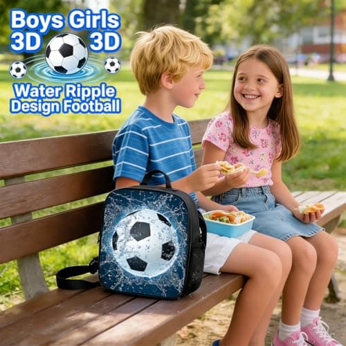 Vexthorion Football Lunch Box Bag, Lunch Bag, Boys Girls 3D Water Ripple Design Footballl Insulated Keychain Kids Reusable Cooler Warm Lunch Box for School Picnic Travel Hiking Camping 2pcs (Blue) — view 6