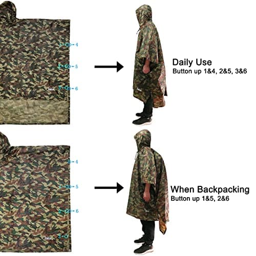 Azeekoom Rain Jacket Rain Poncho, Raincoat Waterproof Unisex Camping Tent Camping Blanket 3-in-1 Multifunctional Rain Cape for Outdoor Picnic Trekking Camping Fishing Hunting Trip(Camouflage) — view 5
