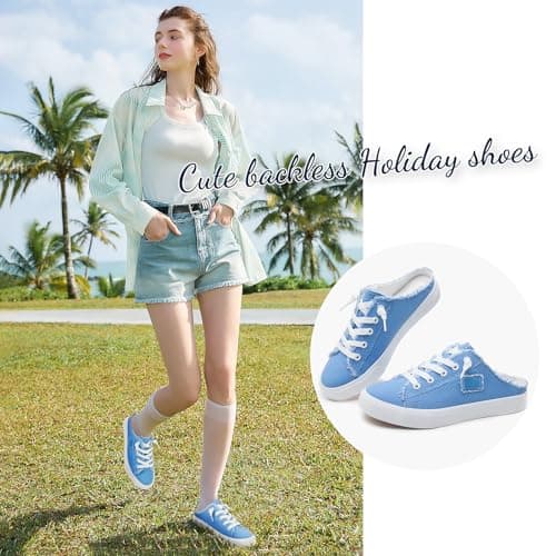 BENPAO Women's Mules Slip on Sneakers White Canvas Shoes Loafers, Denim Blue, 5 UK — view 4