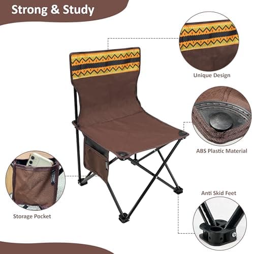 Crystals Folding Camping Chair, Compact, Heavy Duty, Portable, Lightweight & Foldable with Side Pocket, Picnic Chair for Fishing, Garden, Travel - Brown — view 3