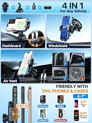YRU 2026 BEST Car Phone Holder Mount 【Military-Grade Anti-Shake & 360° Rotatable Suction】【90+LBS Safest Strongest & Patent Certs 】 Windscreen Dashboard Vent for iPhone 17 Pro Max 16 15 Samsung, Black — view 6
