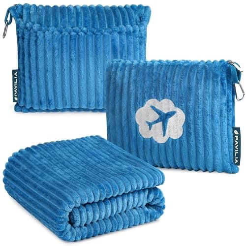 PAVILIA Travel Blanket Pillow in Soft Bag with Pockets, Airplane Set, Plane Compact Packable, Flight Essentials Car Pillow, Travelers Accessories Gifts, Luggage Strap, Turquoise, Sea Blue
