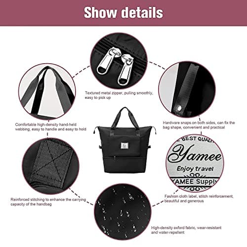 Large Capacity Folding Travel Bag, Travel Lightweight Waterproof Carry on Luggage Bags with Fixed Strap, Dry and Wet Separation Foldable Travel Duffel Bag for Weekender Overnight Sports Gym (Black) — view 5