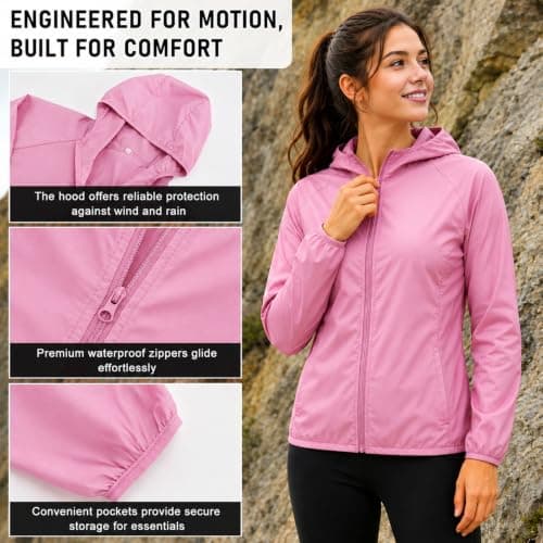 ADUDVLO Men's Lightweight Waterproof Jacket with Pockets, Packable Hooded Windproof Rain Jacket for Travel, Running & Hiking – Includes Carry Pouch (UK, Alpha, S, Regular, Regular, Pink) — view 5
