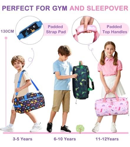 Overnight Bag for Kids, VASCHY Large Capacity Travel Duffle Bag for Girls Lightweight Holdall Bag Weekender Bag with Shoes and Seperated Dry Wet Compartment for School, Dance, Sport(Pink Dinosaur) — view 6