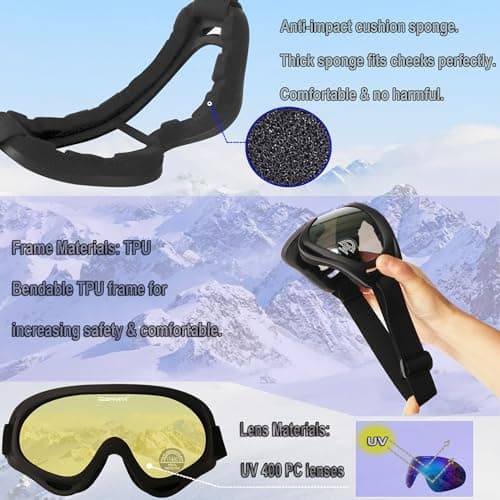 OUTDOORSPARTA 2-Pack Ski Goggles Snow Sports Goggles Snowboarding Goggles Motocycle Glasses for Men Women Youth Kids Boys Girls (3. Gray Frame, Clear Lens; Black Frame, Yellow Lens) — view 5