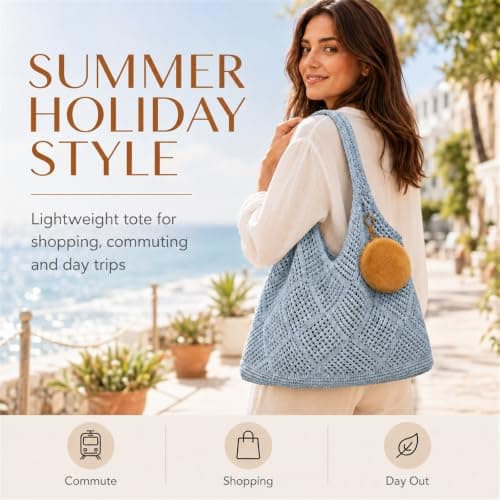 Large Beach Bag for Women, Light Blue Tote and Round Pouch, 2-Piece Set — view 2