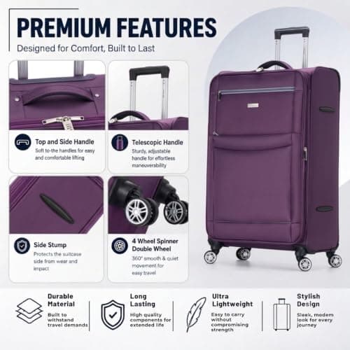 DK Luggage Ultra Lightweight Only 2.9kg Medium 24 Inch Soft Shell Suitcase, 4 Wheel Spinner, Checked Luggage, 15kg–20kg Capacity, Expandable Travel Case (WLS Purple, Medium) — view 5