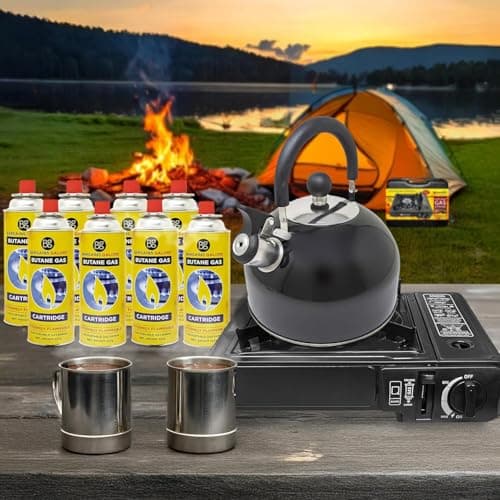 3 in 1 Camping Starter Kit - Includes Gas Stove, 8 Gas Bottles & 2.5L Kettle | Premium Burner, Automatic Ignition & Heat Control | Suitable for Fishing, Camping & Hiking | Lightweight, Essentials — view 2