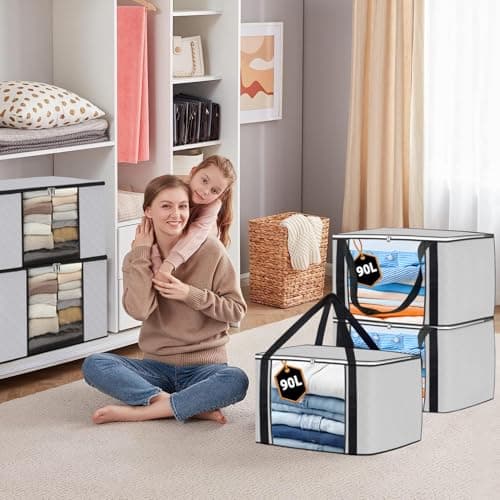 KURNI Storage Bags | Clothes Organizer Boxes, Foldable 6 Pack White, 90L Capacity, 3 Sided Zipper Moving Large Bag. Dust & Moisture Proof — view 5