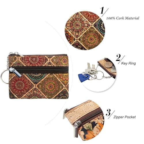 Eco-friendly Natural Cork Coin Purse, Boshiho Mini Coin Change Wallet Credit Card Holder Zipper Pouch Vegan Wallet with Key Ring Keychain, Pattern B, 4.3 x 3.3 x 0.2 inch, Fashion — view 3