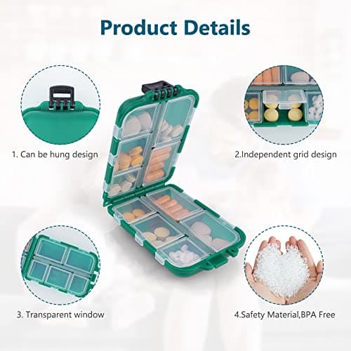 AOOWU Pill Box Organiser, 1PCS Portable Medicine Storage Box, Double Layer 10 Grids Tablet Organiser to Hold Vitamins, Cod Liver Oil, Supplements and Medication for Travel Work — view 4