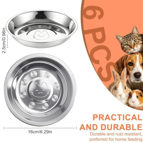6 Pcs Stainless Steel Cat Bowls,16cm Whisker Fatigue Relief Shallow Cat Food Bowl and Water Bowl, Metal Dishes for Kitten, Puppy, Small Dog, Rabbit, Hamster, Guinea Pig, Stackable Pet Feeding Set — view 2