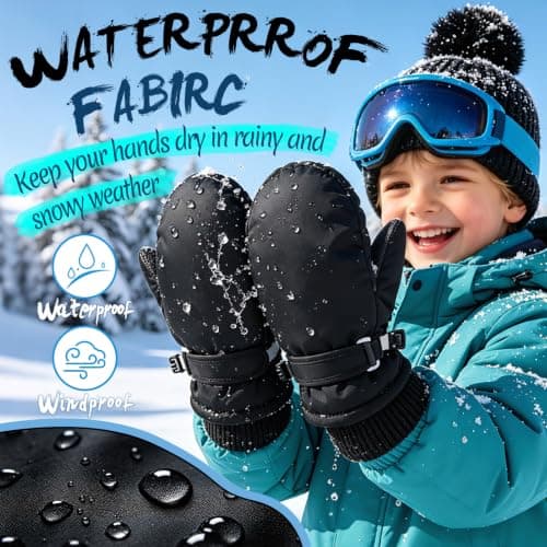 Kioeok Kids Waterproof Thermal Gloves Winter Snow Mittens with Fleece Lined Adjustable Wristband Warm Ski Gloves for Girls Boys (Black, L(4-12Y)) — view 5