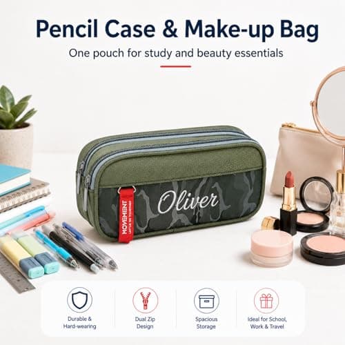 Pencil Case for Personalised Embroidered Name, Pencil Pouch, Camo Green Bag — view 3