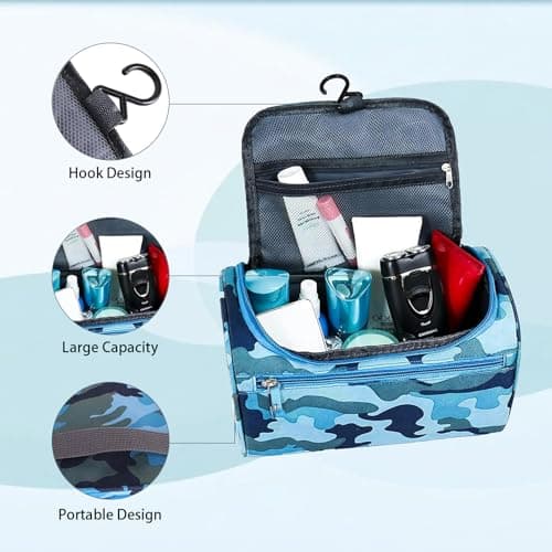 Camouflage Wash Bag for Boys Kids Men, Waterproof Toiletry Bag with Hanging Hook, Portable Travel Wash Bag for School Gym Camping Dorm Bathroom Organizer, Blue Camo 1 Pack (Camouflage M) — view 4