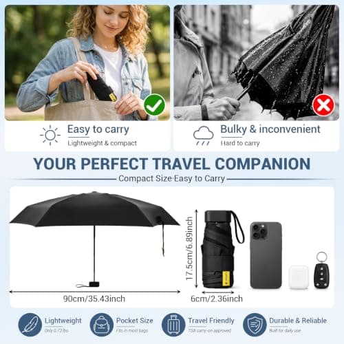 Jexine 6 Pack Mini Travel Compact Umbrella Windproof Manual Open Close Umbrella UV Protection Small Folding Design Fits in Pocket or Purse, Lightweight Portable for Women Men — view 2