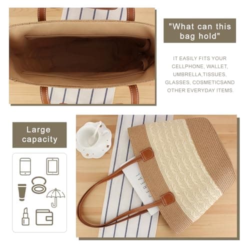 Pahajim Straw Tote Bags for Women with Zip Woven Raffia Handbag Brown — view 4
