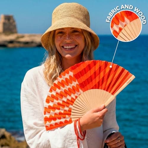 Fisura – Original Stripe & Wave Print Folding Fan, Modern and Colourful Folding Handheld Fan, Red Design for Wedding, Rave, Festival - Includes Strap. Size: 42.5 x 23 cm — view 4