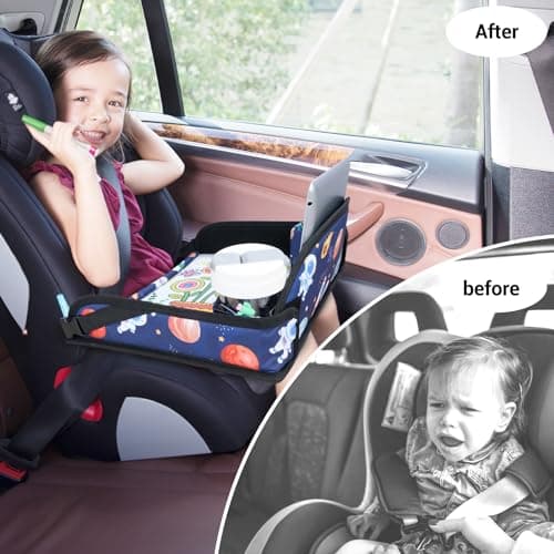 Kids Travel Tray for Toddler Car Seat, Travel Tray for Airplane, Toddler Car Seat Lap Activity Tray, Multifunctional Car Seat Tray Table with Storage (Blue-Stars) — view 5