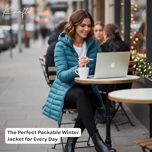 kraftd Womens Winter Lightweight Puffer Jacket Quilted Padded Down Coat With Detachable Hood Central Zip Best for Autumn Winter, Outdoors & Travelling (Teal, 20) — view 4