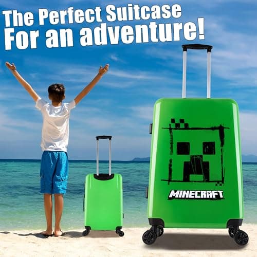 Minecraft Suitcase Kids Teens Creeper Hard Shell Luggage Travel Case 4 Wheels Handle Travel Essentials Holiday School Trips (Green, M/L66.5cm x W45.5-46L) — view 3