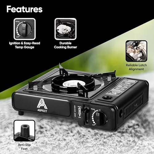 Aspect Camping Stove Portable With 4 Gas Camp Kitchen Equipment Single Burner Maximum Energy Output 2.5 Kilowatts Outdoor/Indoor - Automatic Ignition & Heat Control - Cooking Grill,Picnics,BBQ -Black — view 6