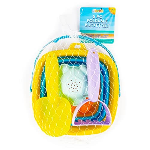 abeec Foldable Beach Bucket and Spade Set for Kids | 5 Piece Collapsible Sand Bucket with Spade, Rake and 2 Moulds | Travel Beach Toys, Holiday Essentials for Children Ages 3+