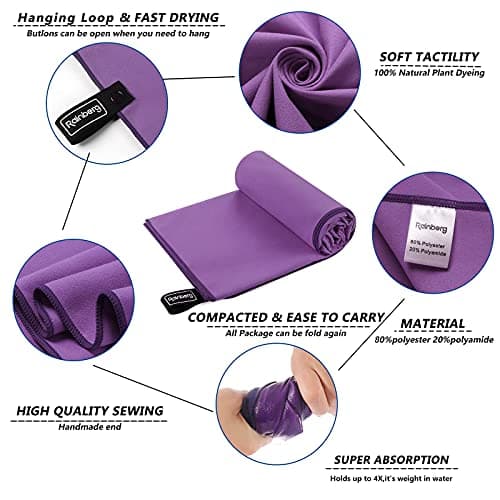Rainberg Microfiber Towel (180x90cm), Large Gym Towel, Quick Dry Towel – Fast Drying, Super Absorbent, Ultra Compact, Lightweight, Great for Camping, Gym, Beach & Swimming (Purple) — view 6