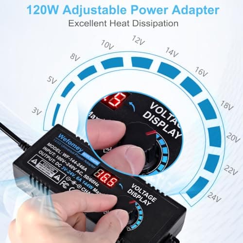 Universal Power Supply 3V~24V 6A 144W Adjustable Variable 3V 5V 9V 12V 18V 20V 24V AC/DC Adapter Charger, 100V-240V AC to DC Converter with 14 Tips, Polarity Converter and 4-Way Power Splitter Cable — view 2