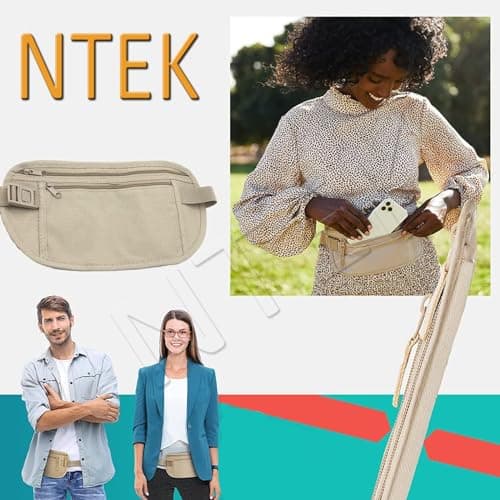 NTEK Travel Money Belt Bag | Secure Money Belt for Travelling | Passport Money Waist Bag | Undercover Hidden Travel Stealth Wallet | Security Pouch Anti-Theft Travel Bag Cash Money Use (Cream) — view 3