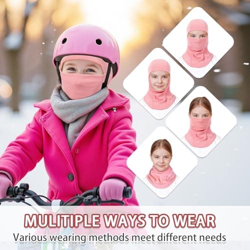 AYPOW Kids Winter Thermal Balaclava, Multifunction Windproof Warm Ski Mask Cycling Full Face Cover Under Helmet Hat with Neck Warmer, for 4-12 Years Boys Girls Children Winter Outdoor Sports Pink — view 5