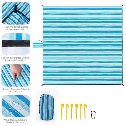Beach Blanket Sandproof Waterproof, 213 x 213 cm Large Beach Mat with Stakes & Travel Bag, Lightweight,Quick-Dry, Portable Picnic Mat Beach Essentials for Outdoors,Cruise,Picnic & Camping, Ocean Wave — view 5