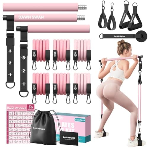 [DAWN SWAN] Pilates Bar Kit with Resistance Bands – Adjustable Home Gym Workout Equipment for Women & Men – Portable Pilates Equipment for Squats, Yoga & Full Body Toning (Pink)