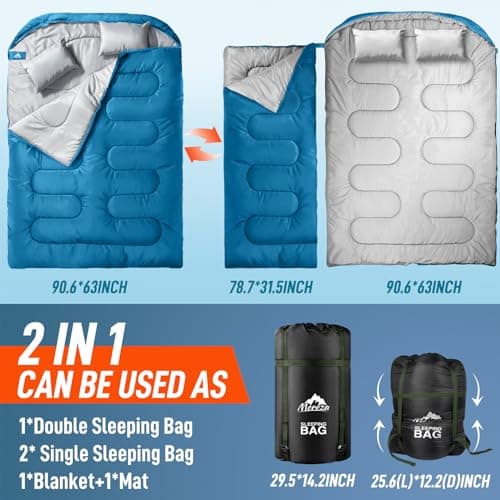 MEREZA Double Sleeping Bag for Adults Mens with Pillow, XL Queen Size Two Person Sleeping Bag for All Season Camping Hiking Backpacking 2 Person Sleeping Bags for Cold Weather & Warm (BLUE) — view 2