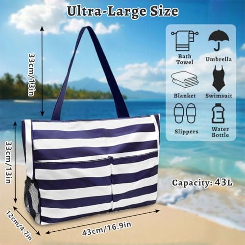 flintronic Extra Large Lightweight Beach Bag, Waterproof Beach Tote Bag with Zip, Foldable Shoulder Bag for Women, Reusable Shopping Bag, for Beach Travel Holiday Swimming Picnic,Navy Blue — view 3