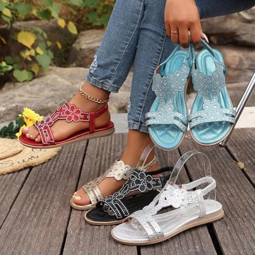 Women's Flat Sandals Summer Bohemian Sparkly Sandals Women Wide Fit Floral Beach Thong Sandal Casual Orthopedic Strap Slide Sandal with Rhinestone Soft Sole Comfortable Sandal (Blue #4, 6) — view 2