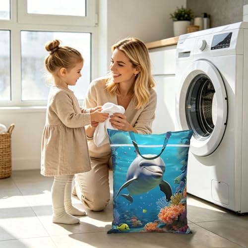 Dolphin and Coral Travel Laundry Bag for Dirty Clothes 1 PC, Foldable Waterproof Washable Wet Dry Bag with Handle Zippered Hanging Laundry Hamper for Travel, Gym, Swimming Pool — view 6