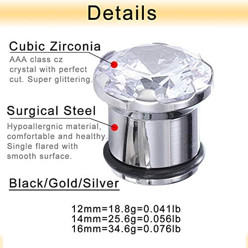 PunkTracker Pair Clear CZ Zirconia Prong Set Ear Plugs Gauges Stainless Steel with Silicone O-Ring Stretcher Expander — view 2